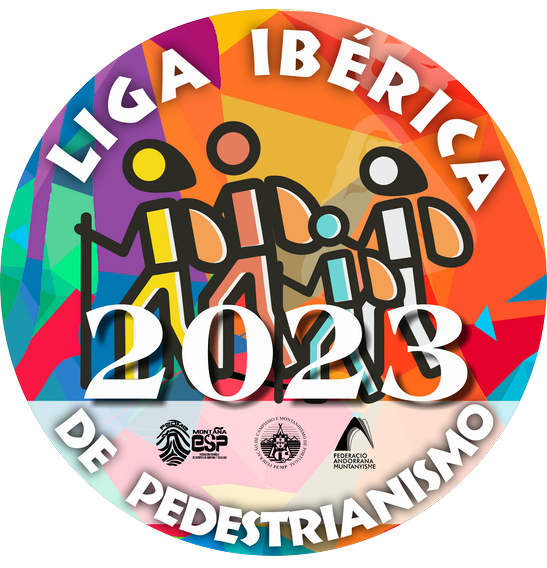 Logo circular de la Liga Ibérica de Senderismo 2023, con texto en portugués, compuesto por 4 monigotes de senderistas mujeres, niño y hombre; fondo de colores y logos de las 3 federaciones implicadas: Andorrana, Española y Portuguesa